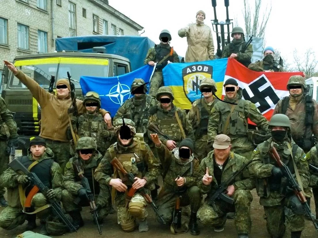 Members of "Azov" regiment with Nazi and NATO flags