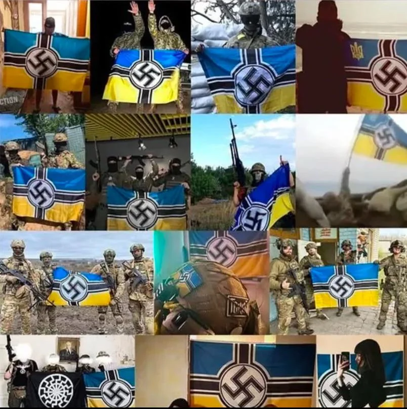 Compilation of images of Ukrainian soldiers with Swastika banners