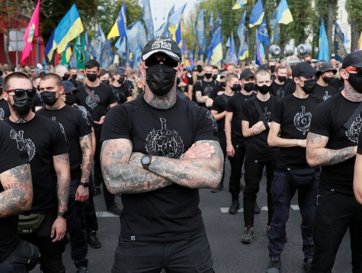 Neo-Nazi from Azov Regiment marching on a parade in Kiev
