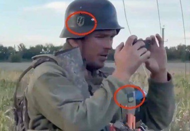 Ukrainian soldier with an SS symbol on his helmet in Kursk region