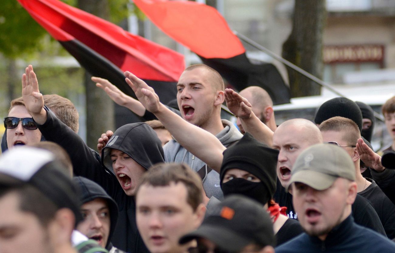 A group of Ukrainian Nazi with Ukrainian Insurgent Army colours
